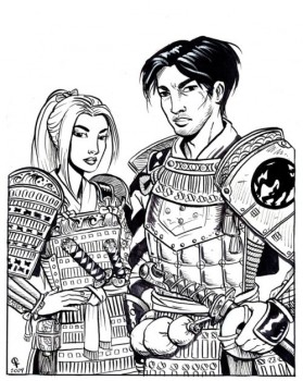 I loved L5R and Chris Dornaus so much, I commissioned her to do line art for two of my characters in 1st Edition glory.