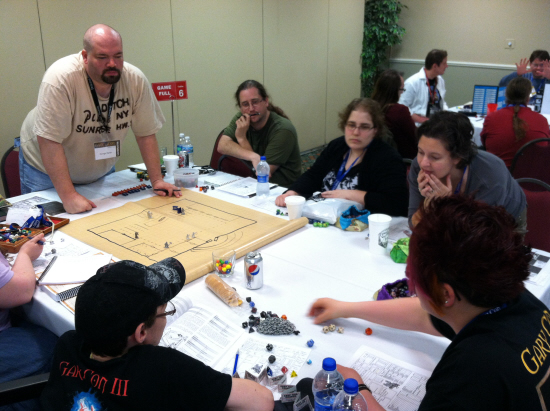 George Fields guides beginner HackMaster players through the Lost Temple of the Valiant