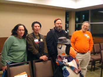 Our stalwart audience. The Puffin is named Edgar, apparently. "A very good listener," says his buddy, Justine Graykin.
