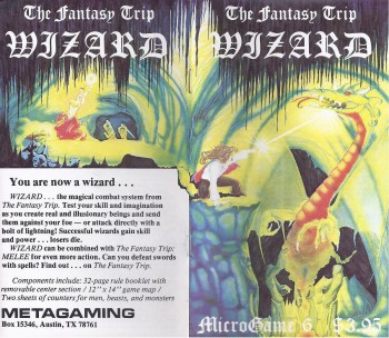 Front and back covers for Steve Jackson's Wizard (1978). Click for bigger version