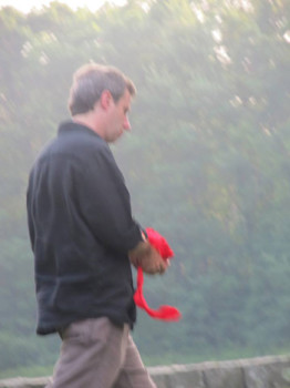 Michael Langois, director of Flock Theatre's summer production of Oedipus Rex. That's a ribbon of blood in his hands. 