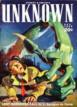 Unknown, December 1939, featuring L. Sprague de Camp's Lest Darkness Fall. Cover by Edd Cartier