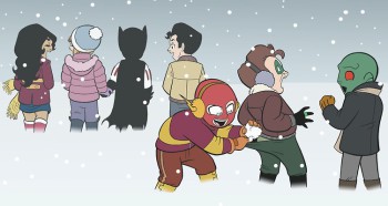 The JL8 cast: the future Wonder Woman, Power Girl, Batman, Superman, Flash, Green Lantern, and Martian Manhunter as elementary schoolers