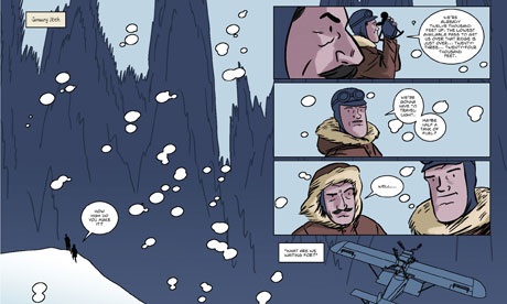 A double-page spread from At the Mountains of Madness. Not how the panels at right float above the background.