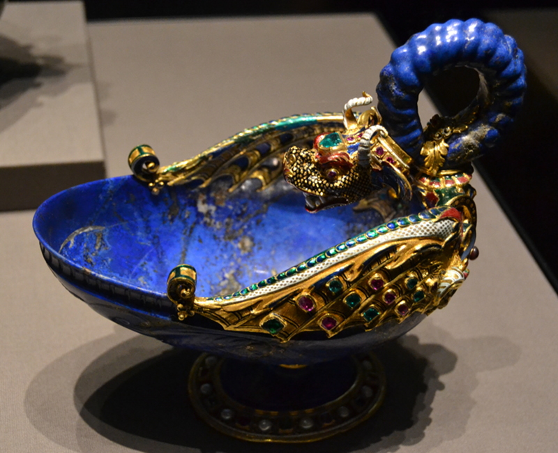 The "Dragon Bowl" made by Gasparo Miseroni, Milan, c 1565/70. Lapis lazuli, gold, enamel, rubies, emeralds, pearls, and garnets.
