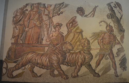 The triumphal entry of Bacchus, 2nd century AD from Caeseraugusta (modern Zaragoza). Bacchus is being crowned by Victoria, who raised the palm of victory.
