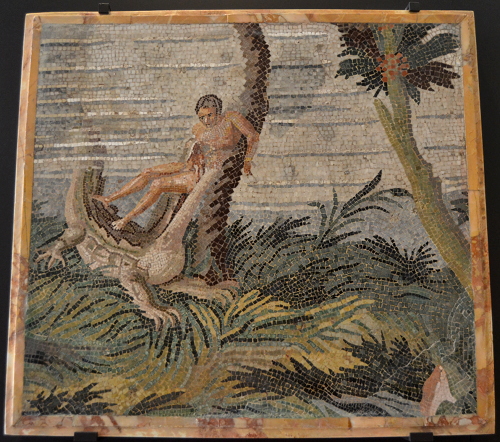 Late 2nd century AD, Italy. Images of Egypt were hugely popular in the Roman Empire. This shows an unfortunate fellow getting chomped by a crocodile in the Nile.