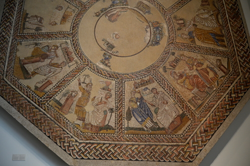 Mosaic of the Muses, from a 4th century AD villa in Arellano (modern Navarre). Each muse is shown with a master of the art, so Urania is shown with Aratus, Calliope with Homer, Erato with an unidentified master, Melpomene with an unidentified master, Euterpe with Hyagnis, and Clio with Caducus.