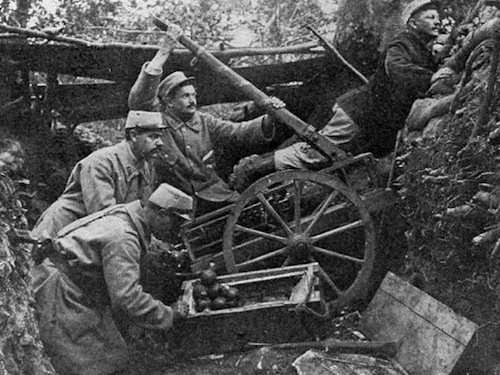 Is the German trench too far away to reach with a grenade? Do what these French soldiers did in 1915 and use a catapult! Image courtesy Wikimedia Commons.