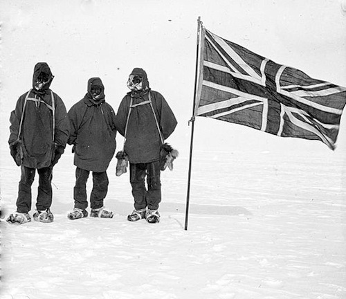 The furthest south of the Nimrod expedition, 9 January 1909. From left to right: Jameson Boyd Adams, Frank Wild, and Ernest Shackleton pose for a self portrait at 88°23'S, only 97 geographical miles (178 km) from the South Pole.