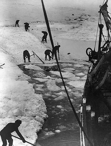 Trying to cut a path through the ice during the Endurance expedition. Photographer unknown.