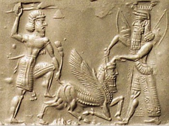 Gilgamesh and Enkidu battle Humbaba, here portrayed as a creature with an eagle's wings and the body of a horse. Also, a little short for a storm trooper.