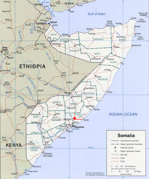 Map of modern Somalia. Zeila is shown as "Saylac" near the border with Djibouti. The northern third of the country is now the unrecognized state of Somaliland. The tip of the Horn of Africa is the unrecognized state of Puntland.