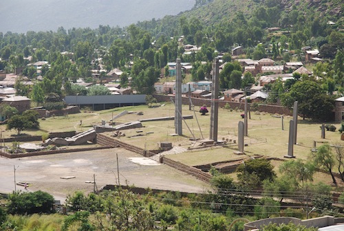 The stelae park in Axum. Note the green hills all around. Much of the Ethiopian highlands is lush and fertile. Photo courtesy Wikimedia Commons.