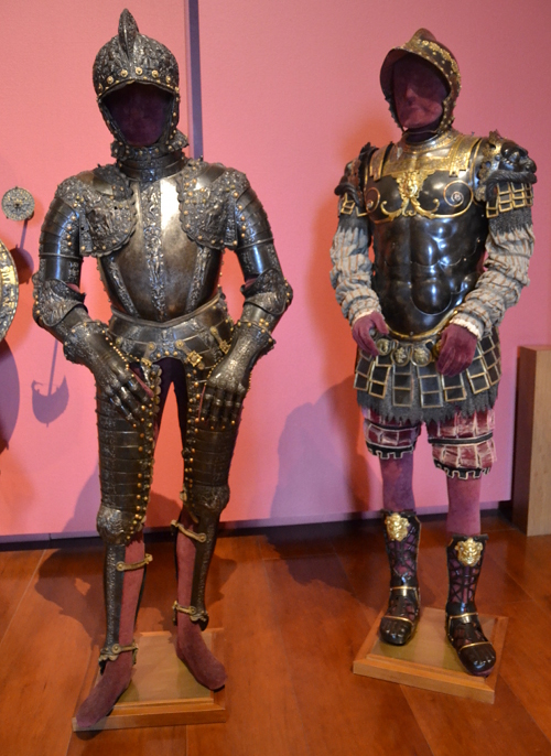 Two suits of armor of Philip II. The one on the right hearkens back to Roman styles and was made in Italy in 1546. The Hapsburg royal family liked to compare themselves to the great rulers of ancient Greece and Rome.
