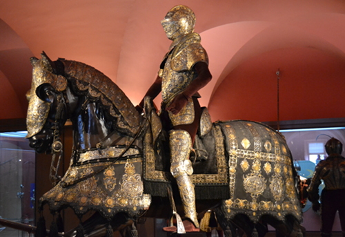 This sumptuous armor and barding was a gift from Carlos Manuel, Duke of Savoy, to Philip III. It was made in Milan in the 1580s.
