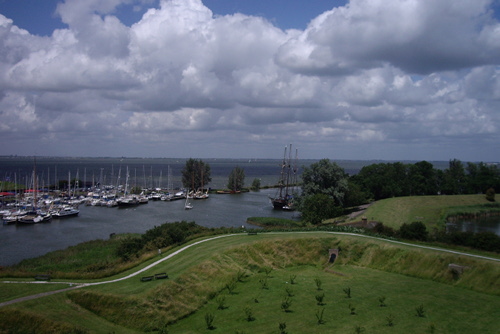 A view from the parapet overlooks what used to be the Zuiderzee before it was closed off to become a lake in the twentieth century.
