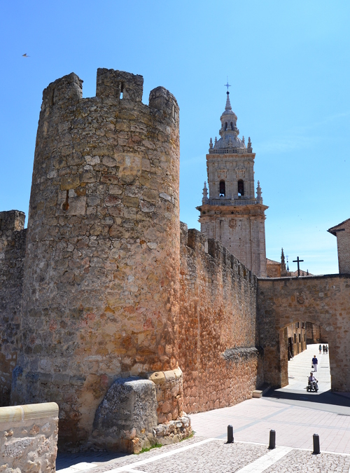 The city wall and main gate, with the cathedral behind.