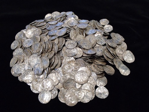 A pile of 697 of the Lenborough hoard coins after cleaning. © The Trustees of the British Museum.