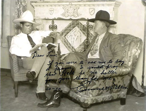 No stills are known to exist from Emmett Dalton's films. Here he is on the right talking to western star Tom Mix on the left.