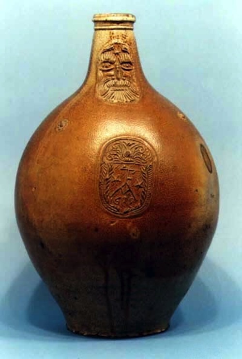 The Bellarmine jug was popular for witch bottles. This one is stamped with the date 1688. Photo courtesy Wikimedia Commons.