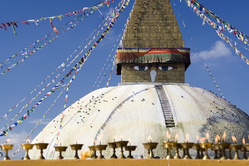 Bodnath Stupa, Kathmandu, is a popular pilgrimage spot for Tibetan Buddhists. Its origins are unclear but it is at least a thousand years old. Photo courtesy Luca Galuzzi - www.galuzzi.it