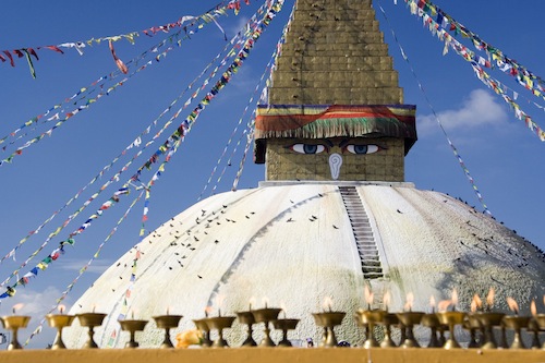 Bodnath Stupa, Kathmandu, is a popular pilgrimage spot for Tibetan Buddhists. Its origins are unclear but it is at least a thousand years old. Photo courtesy  Luca Galuzzi - www.galuzzi.it 