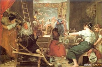 Velasquez' Fable of Arachne. The story is told on the tapestry in the background, while the working women in the front spin and weave. 