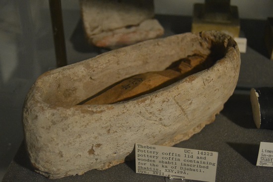 A shabti is a little figurine placed in a tomb that acts as a servant in the afterlife. This one from Dynasty XVII (c. 1640 - 1550 BC) is uncommon in that it has its own coffin. Thus instead of being just a servant, it is a stand-in for the deceased doing the dead person's work in the Field of Reeds in the afterlife.