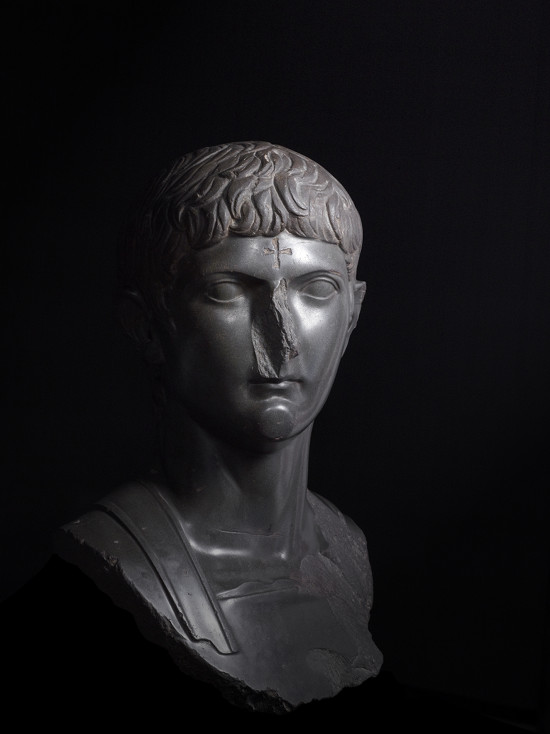 Bust of Germanicus, great-nephew of Augustus with a later Christian cross carved onto the forehead, basalt, Egypt, about AD 14–20, date of carved cross, unknown © The Trustees of the British Museum