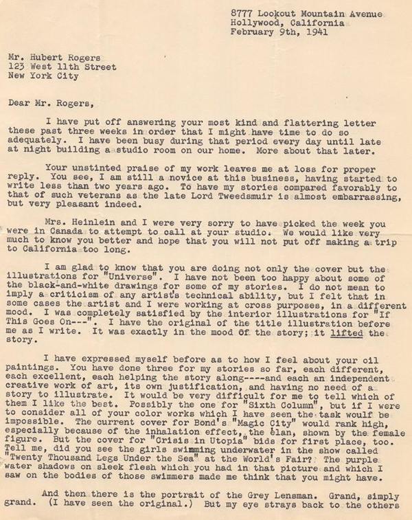 Heinlein letter to Hubert Rogers Universe-small