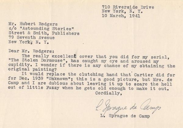 Sprague de Camp letter to Hubert Rogers-small