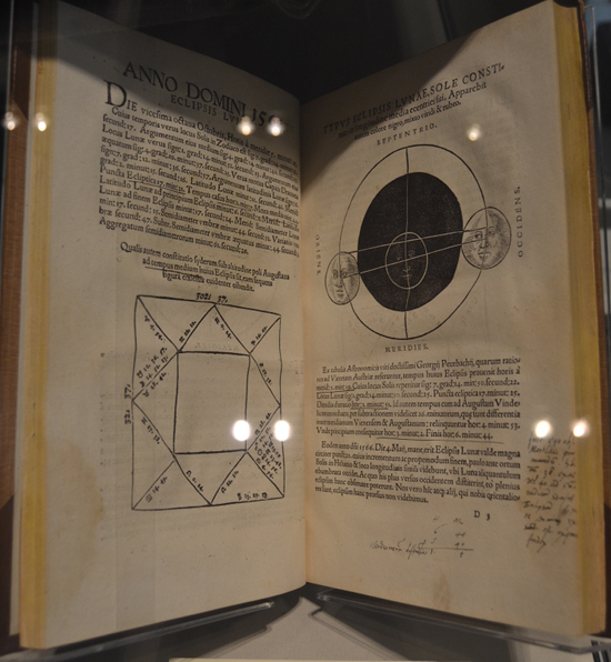 Dee had many books on astronomy. In the notes he wrote in the margins of this one, he discussed the two lunar eclipses he saw in 1556 and 1566. When a comet appeared in 1577, Queen Elizabeth asked him if it was an ill omen but Dee reassured her that it wasn't.