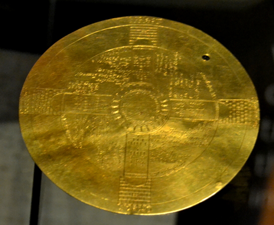 An important part of Dee's Enochian magic system was this gold disc, inscribed with the "Vision of the Four Castles", and used for communicating with angels. The vision was seen by Edward Kelley, Dee's medium.