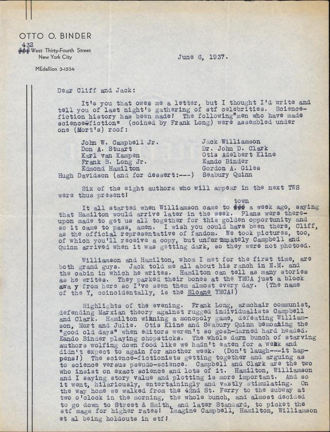 Otto Binder to Jack Darrow letter 1937 06 06 page 1-small