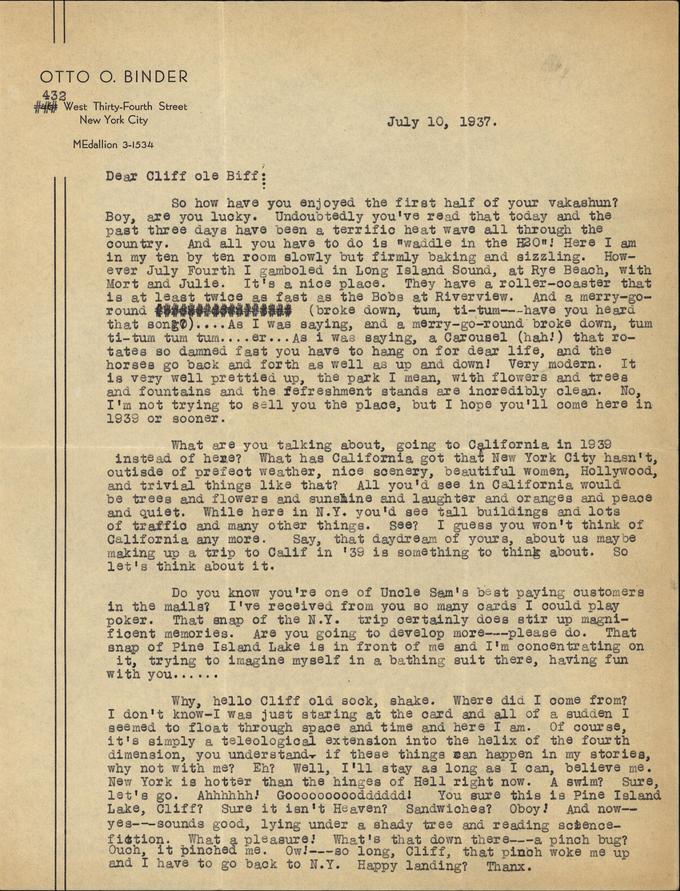 Otto Binder to Jack Darrow letter 1937 07 10 page 1-small