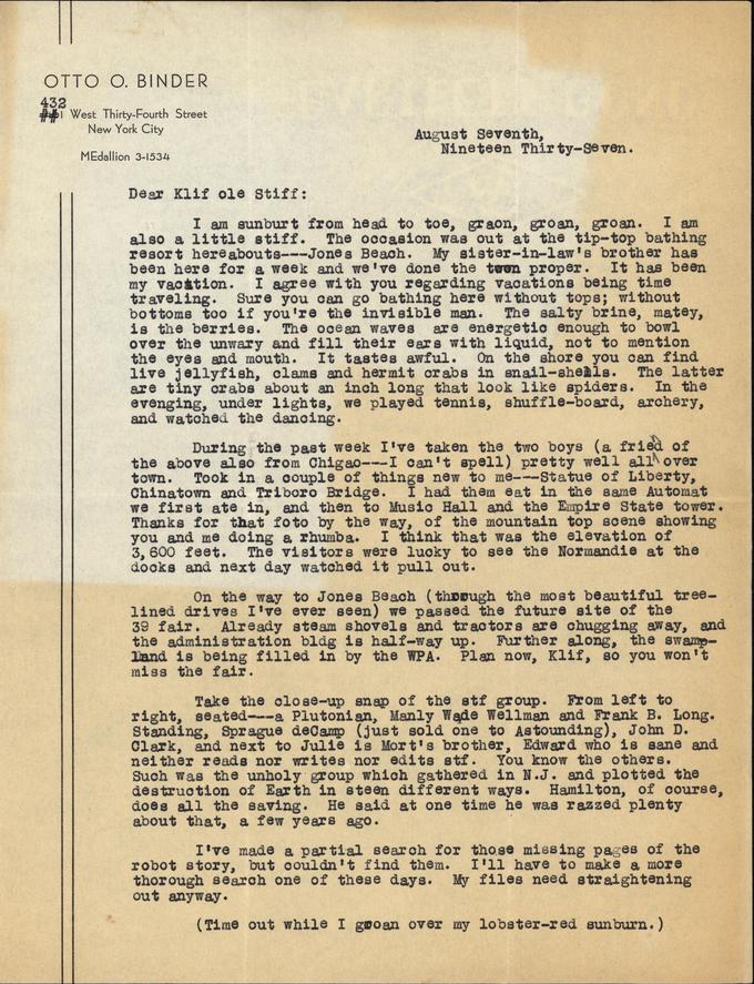 Otto Binder to Jack Darrow letter 1937 08 07 page 1-small