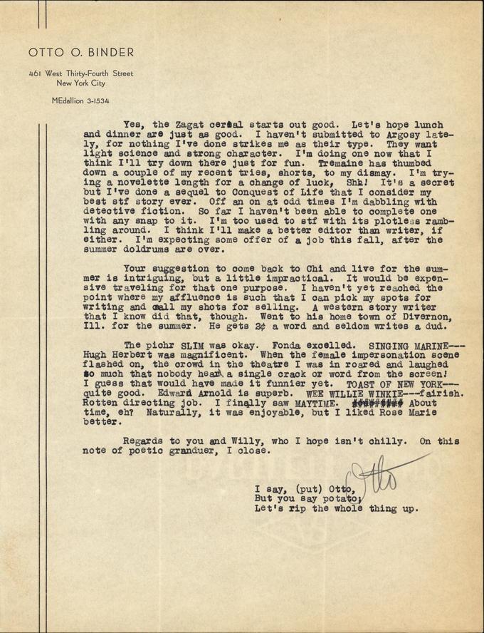 Otto Binder to Jack Darrow letter 1937 08 07 page 2-small