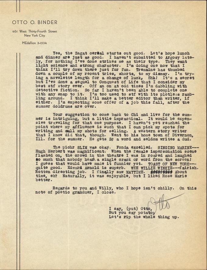 Otto Binder to Jack Darrow letter 1937 08 07 page 2-small