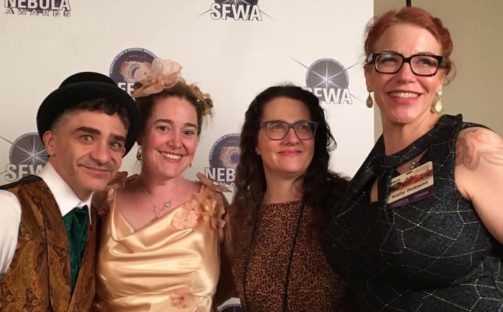 Carlos Hernandez CSE Cooney Alyx Dellamonica and Kelly Robson at the 2016 Nebula Awards banquet-small