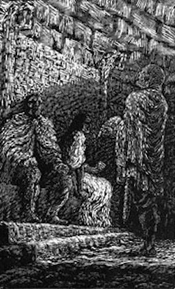 Eirik Bloodaxe is seated next to Gunnhild. Egil Skallagrimson stands.