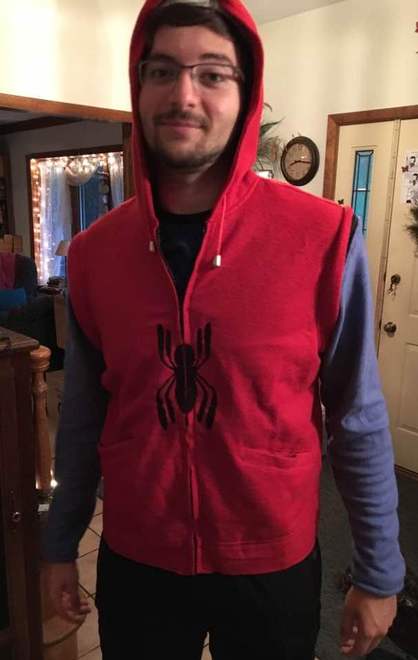 Drew models a Spider-Man Homecoming Red Hoodie 3-small