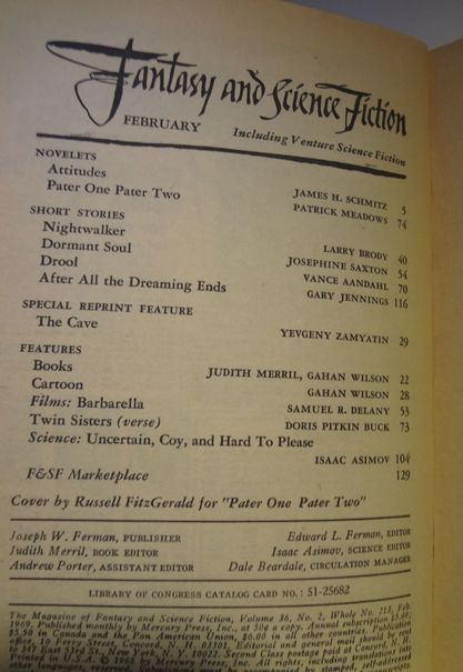 Fantasy and Science Fiction February 1969 TOC-small