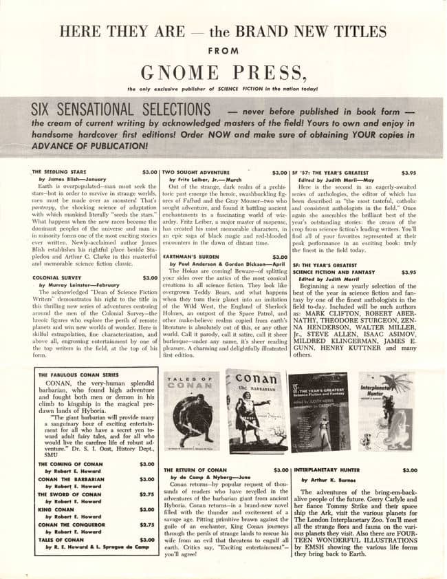Gnome Press 1957 brand new titles announcement-small