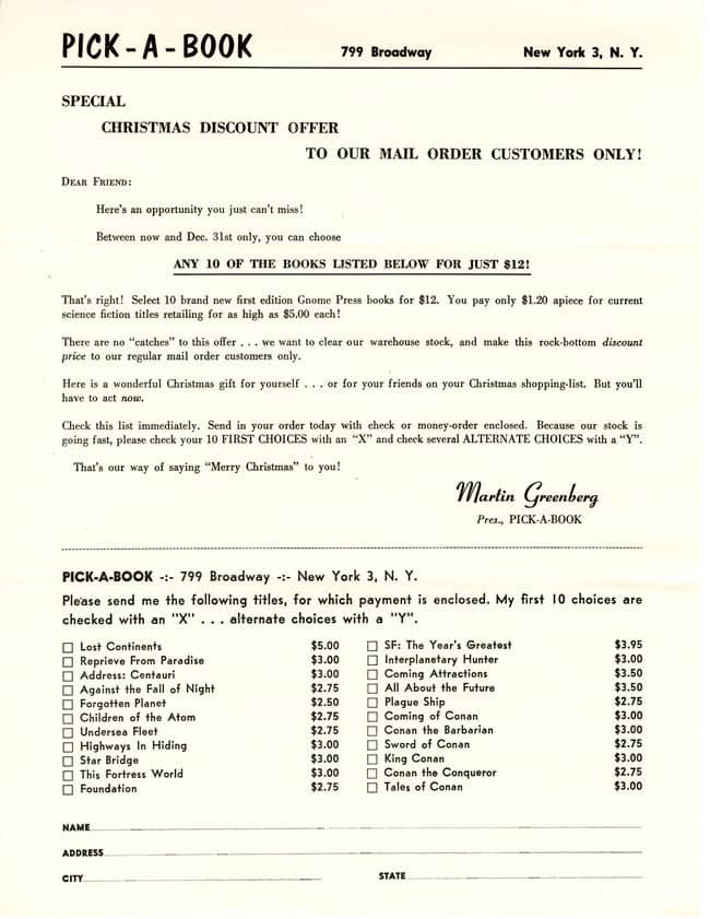 Gnome Press 1957 christmas discount offer-small