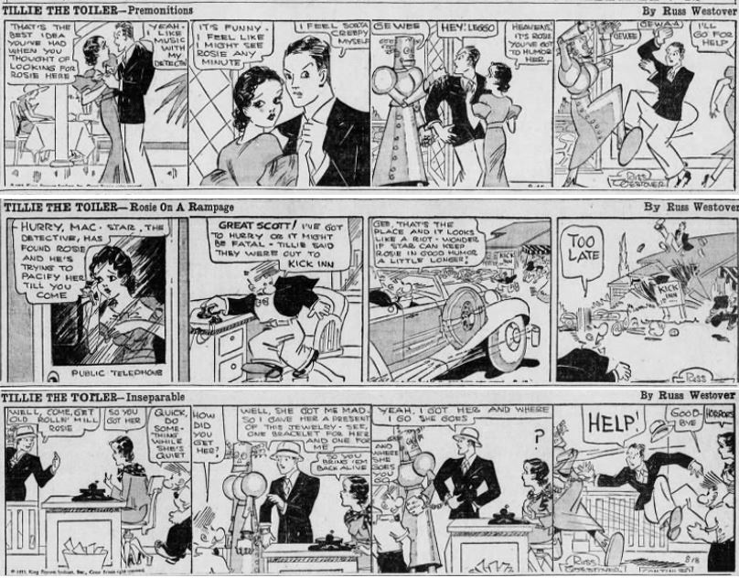 1933-08-16,17,18 Akron Beacon Journal Tillie the Toiler robot cartoons