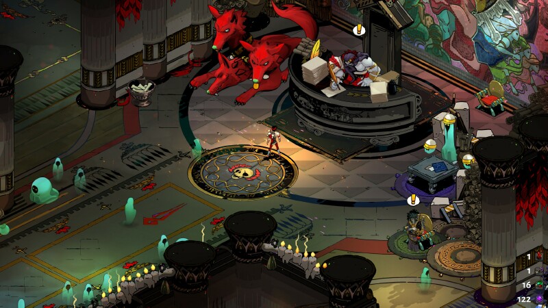 A screenshot from the game: Hades himself sits behind a large desk while an enormous, blood-red Cerberus lies on the floor beside him. One head sleeps while two others watch on.