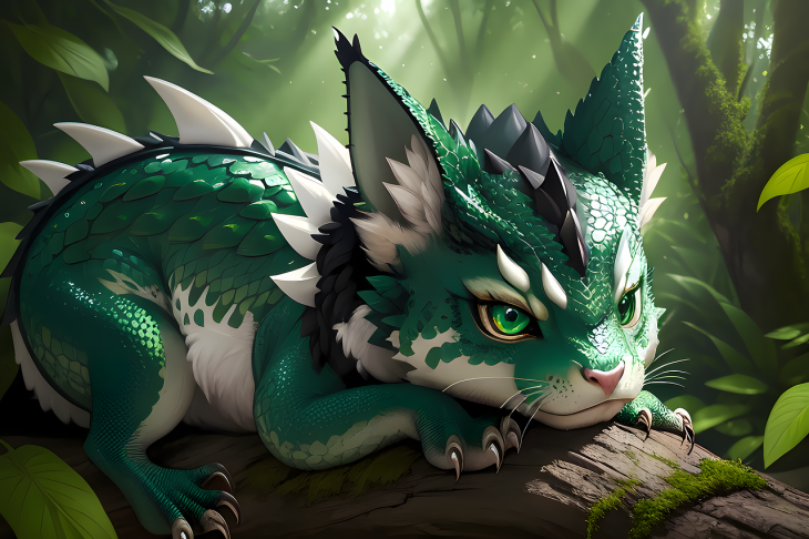 A green and white cat-like creature with spikes down its spine rests on a branch.