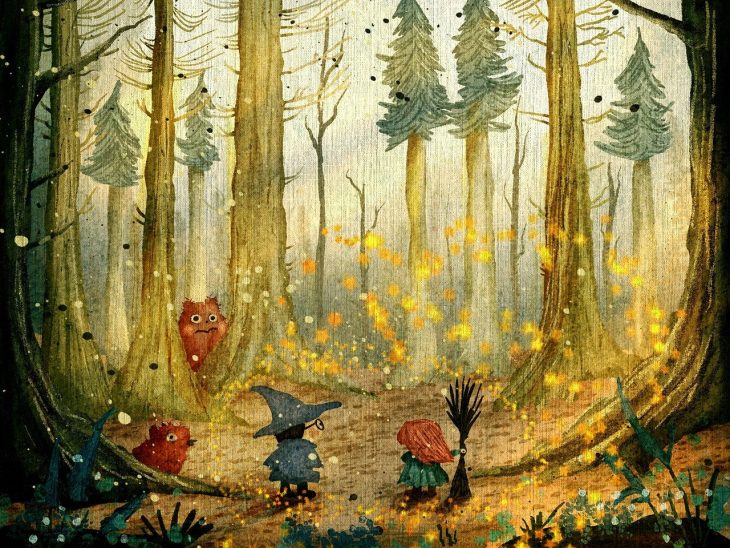 Two small figures , one holding a bossom and the other in a pointed witch hat, stand with their backs to the viewer looking out into a autumnal woods with strange creatures hiding in it.
