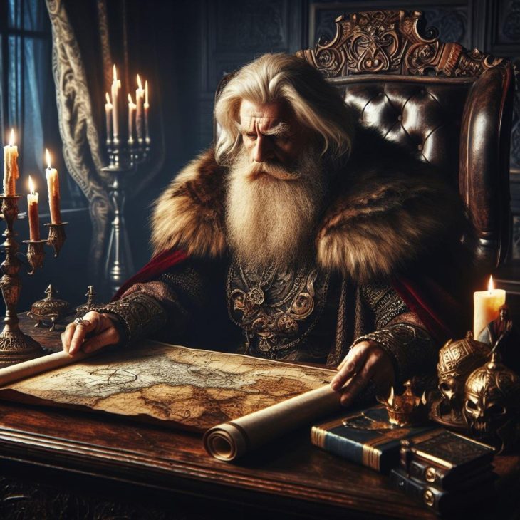 An old man sitting at a desk in armour and a furred cloak opens and looks at a scroll containing a map.